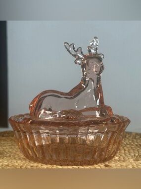 Pink Glass Deer & Dish Figurine